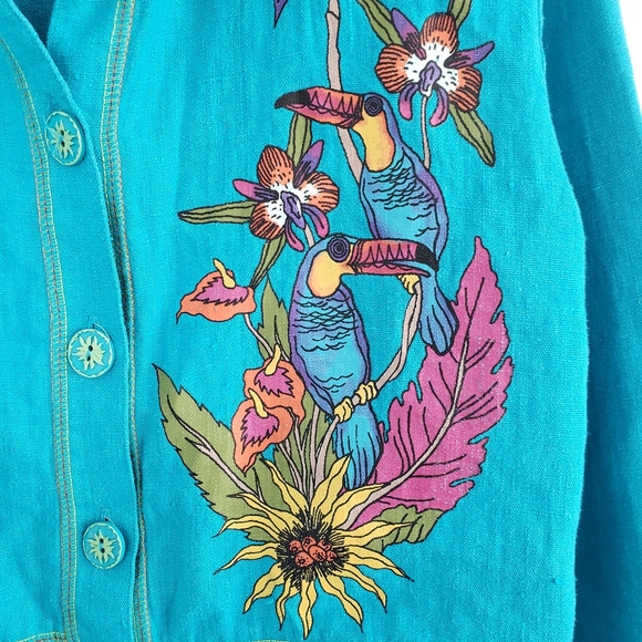 Turquoise Linen Toucan & Orchid Jacket - Picture 3 of 4